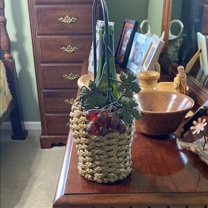 Vintage Woven Wine Basket With Grapes